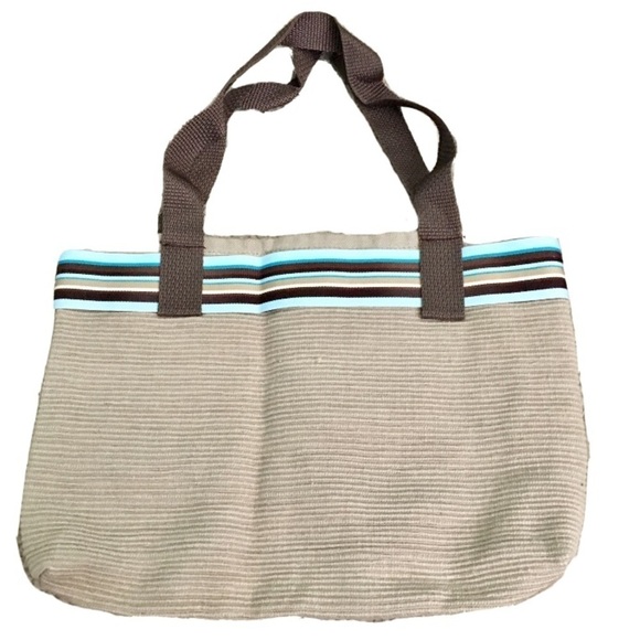 Handbags - Handmade Small Tan Brown Aqua Ribbed Tote Bag